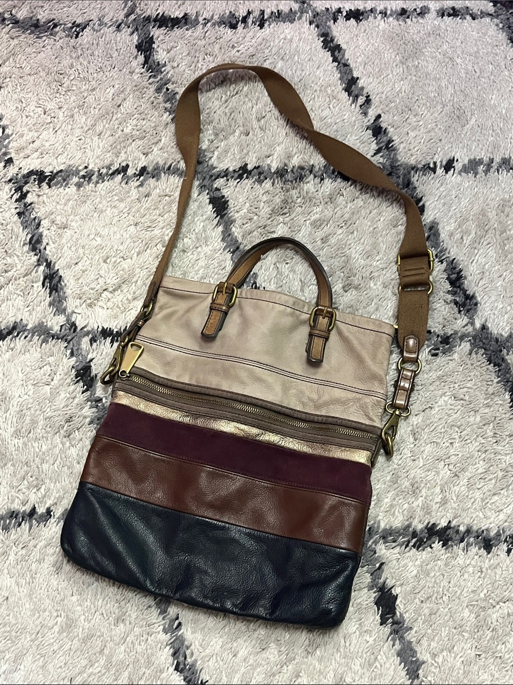 Fossil Explorer ZB5508 Leather Suede Patchwork Crossbody Tote Bag Multicolor - Picture 5 of 16